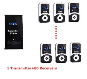 EXMAX&reg; ATG-100T 72MHz-76MHz Professional Wireless Microphone Earphone System With Charge Case For Tour Guide Church Listening Teaching Conference Travelling Museum (1 Transmitter 80 Receivers)