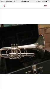 Silver  marching Mellophone horn with hard shell case