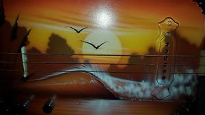 CIGAR BOX GUITAR/ BEAUTIFUL HAND OIL PAINTED ARTISTRY. BY SIGNATURED.ARTIST