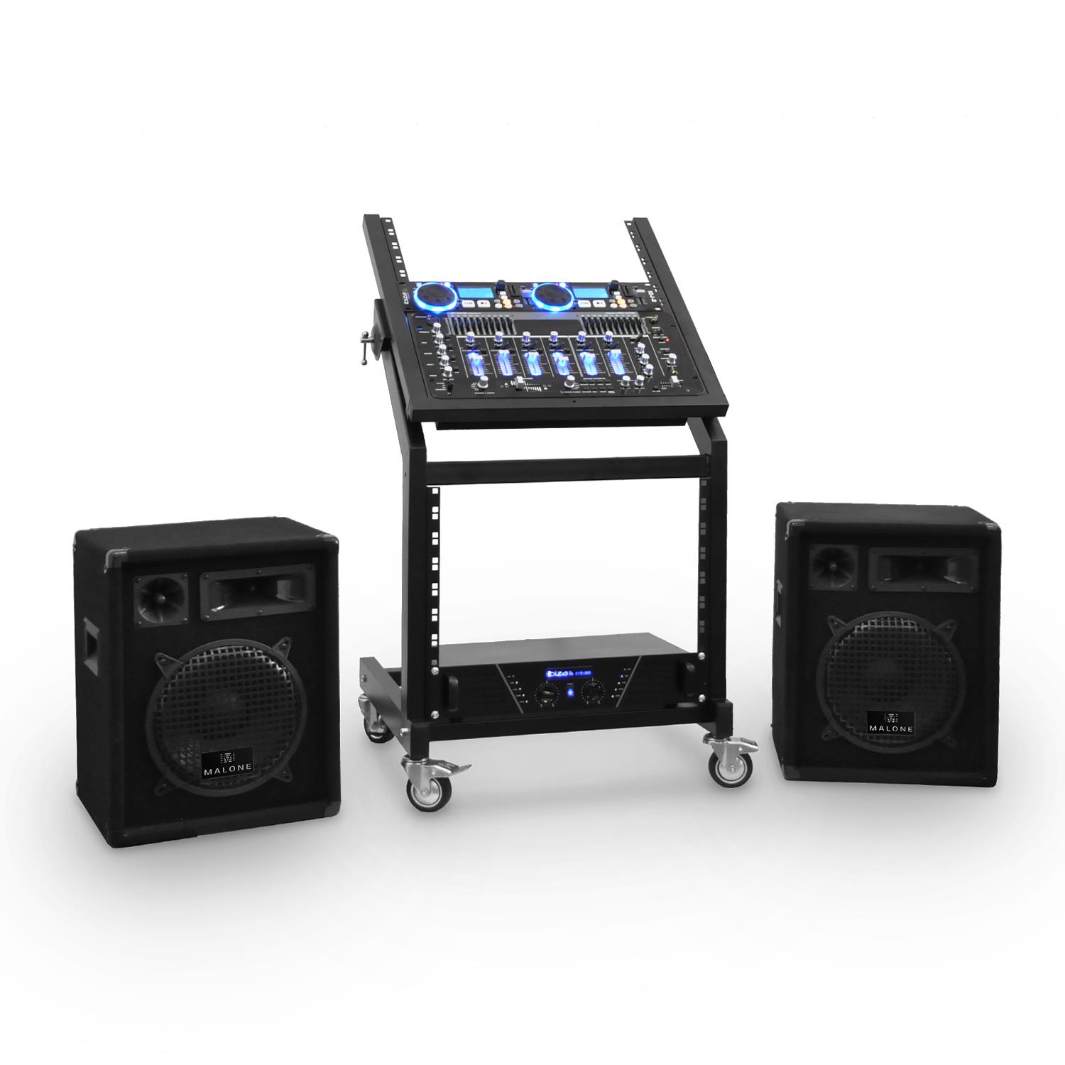 Kit sonido DJ Bluetooth Mesa Mezclas Efectos 2 Altavoces Reproductor CD racck
