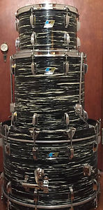 1971 LUDWIG MAPLE 3 PIECE BLACK OYSTER PEARL DRUM KIT. 46 years old, nice cond