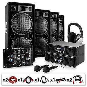 EQUIPO DJ BASS FIRST 4000W VATIOS 4 BAFLES PA 2 AMPLIS MESA 2 MICROS AURICULAR
