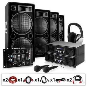 DJ SET "BASS FIRST" 2X AMP 4X CASSE 2X MICROFONI MIXER CUFFIE CAVI POTENZA 4000W