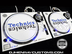 2 custom white powder coated Technics SL1200 mk2 with blue leds dj turntables
