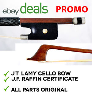 Beautiful French certified cello bow by J.T. Lamy - Raffin certified
