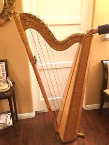 Beautifully Hand Carved 37 String Harp with Case.  By Paraguayan Master Sanabria