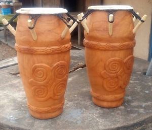 Two African Drums With Carved African Art