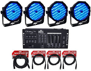 (4) American DJ Mega Go Par64 Plus Battery Powered Wash Lights+Controller+Cables