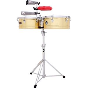 LP PERCUSSION 15" & 16" PRESTIGE BRASS THUNDER TIMBALES DRUMS & STAND LP1516-B