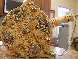 LG VINTAGE CEREMONIAL HAND DRUM RATTLE CARVED BONE INLAID CORAL TURQOISE ACCENTS