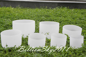 Chakra Tuned Set of 7 Frosted Quartz Crystal Singing Bowls 8"-12"