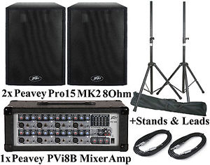 2x Peavey Messenger PRO 15 MKII 8 Ohm Passive Speaker & PVi8B Mixer amp & Stands