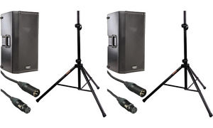 2 QSC K12 12" 2-Way 1000 Watt Powered Speakers with 2 Stands and 2 XLR Cables