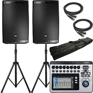 2x JBL EON615 Powered Speakers + QSC Touchmix 8 Digital Mixer Stands & Cables