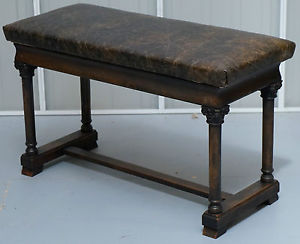 STUNNING RARE CORINTHIAN PILLARED PIANO STOOL NEWLY UPHOLSTERED BROWN LEATHER