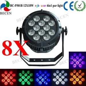 8pcs 12X18W RGBWA UV 6 IN 1 DMX LED par stage lighting IP65 waterproof dj light