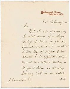 Edward VII signed letter suggesting a Royal College of Music,1882