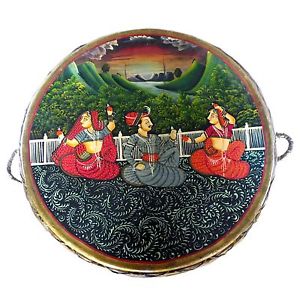 OLD ANTIQUE NAGARA DHOL INDIAN MAHARAJA AND MAHARANI PAINTING ON NAGARA 37X64 CM