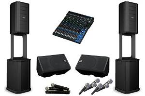 Bose F1 Model 812 Sound System with Yamaha DXR Speakers, MG20XU Mixing Console, Shure Dual Wireless Microphone System, and (6) Microphones
