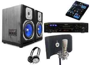 Professional Recording Setup Karoake Player Mixer Speakers Microphone & Shield