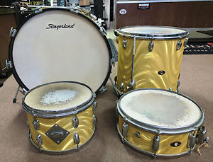 1966 Slingerland Gold Satin Flame 4 Piece Drum Set, Matching Snare, Shell Pack