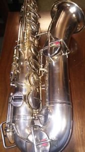 CARL FISHER(BUESCHER) VINTAGE LOW PITCH SAXOPHONE SILVER PLATED GOLD PLATED BELL