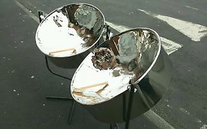 Chrome double seconds steel pan drum.  Stand and sticks.  Ready to play.