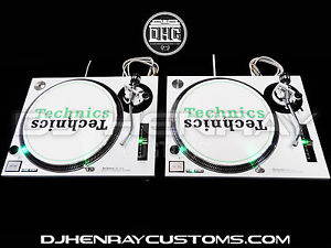 2 custom white powder coated Technics SL1200 mk2 with green leds dj turntables