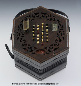 INTERESTING 1850's ENGLISH CONCERTINA SQUEEZEBOX ACCORDION with BOX 48 BUTTON