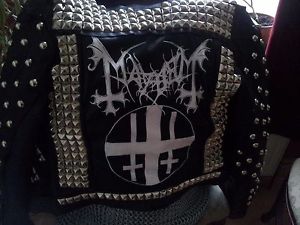 MAYHEM STUDDED HAND PAINTED CUSTOMISED LEATHER JACKET SMALL BLACK METAL