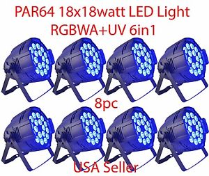 LOT DJ PAR64 18x18w LED LIGHTS RGBWA+UV 10 channel DMX512 STAGE PARTY SHOW 8 PCS