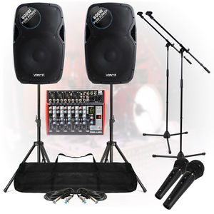 Band System 1600W 6-Ch USB Mixer Active Speakers Mic Set Stands UK Stock