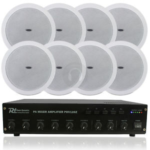 8x White PA Speakers Power 100v Amplifier Cable Background Music System UK Stock