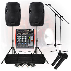 Band System 1200W USB Mixer Active Speakers Mic Set Stands UK Stock