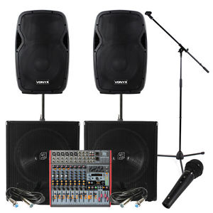 2400W Band Speaker System Active 12" Tops 15" Subwoofers & Mixer UK Stock
