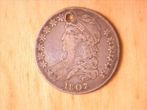 1807 Capped bus half dollar Bearded Goddess VF+ with hole