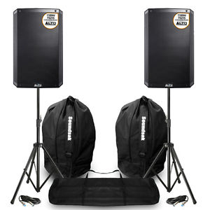 2x Alto TS215 Active Powered DJ PA Speakers Stands Carry Bags 2200W UK Stock