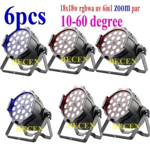6pcs/pack Zoom 10°-60° Par Can 18 x 18W RGBWA UV 6in1 LED par light 11CH