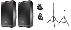 2 JBL EON612 - 12" Two-Way Speakers, 2 XLR Cables & 2 Stands