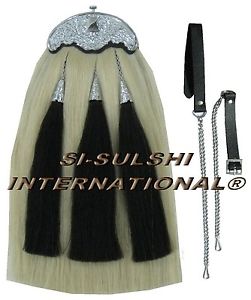 SI-10 X WHITE HORSE HAIR MILITARY LONG SPORRAN ( 100% Original ) THISTLE CANTLE