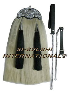 SI-10 X WHITE HORSE HAIR MILITARY LONG SPORRAN ( 100% Original ) THISTLE CANTLE