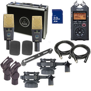 AKG C 414 XLII ST Condenser Microphone Stereo Set w/Tascam DR-40 Recorder & XLRs