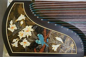 Dunhuang Guzheng, Chinese Zither Harp, 敦煌香檀木/浮光溢彩/雲裳含露百合圖案 -- 古筝