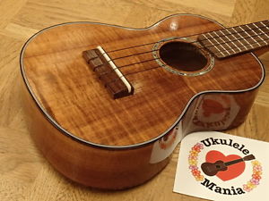 Urabe Hawaiian Curly Koa Longneck Concert with Tortoise Binding Ukulele #1502