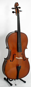 STENTOR 1/2 SIZE CELLO. STUDENT II. SOLID SPRUCE HAND CARVED TOP W/PADDED BAG