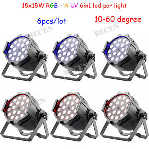 6pcs/lot 10-60 degree 18X18W RGBWA UV 6IN1 LED zoom par light for dj stage light