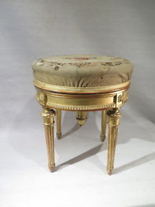ANCIEN SUPERBE TABOURET DE PIANO BOIS DORE DE STYLE LOUIS XVI NAPOLEON III