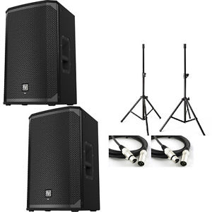 2 Electro-Voice EKX-12P 12" Two-Way Speaker, 2 Speaker Stands, and 2 XLR Cables