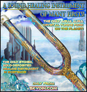 Aurora Borealis: Solid Aqua Aura Quartz Crystal Tuning Fork Healing Etched Gold