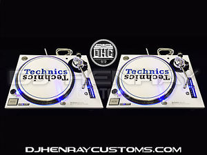 2 white powder coated Technics SL1200 mk5 with blue leds halos dj turntables
